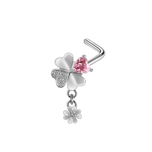 L-shaped stainless steel nose stud with pink heart stone and clover dangle charm