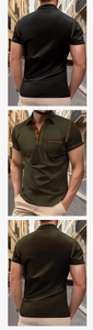 Detail of short sleeve polo shirt featuring contrast stitching and chest pocket design