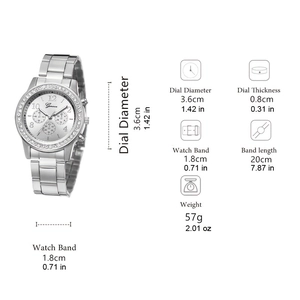 Detailed technical specifications of silver quartz watch with rhinestone bezel and metal band