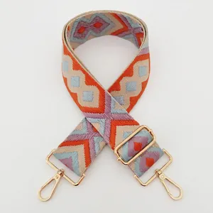 Detail of blue and orange jacquard embroidered bag strap with golden lobster clasps