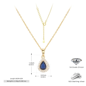 Detailed view of pear-shaped blue zircon necklace with S925 silver specs and dimensions