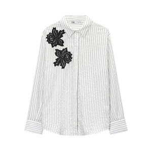 Women Long Sleeve Striped Shirt Flower Lace Patchwork Embroidery Button Down Casual Elegant Chic Blouse