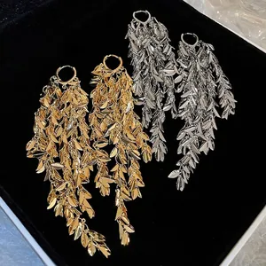 Leaf Tassel Dangle Earrings With Silver Earring Post Long Fringe Bohemian Style Elegant Jewelry For Women