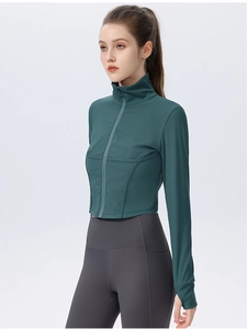 Detail of slim fit zip-up sports jacket with ribbed texture and stand collar design