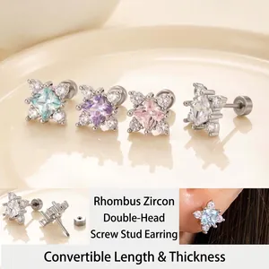 Titanium Steel Stud Earrings Square Zircon Flower Cartilage Piercing Jewelry Screw Back Elegant Shiny For Women