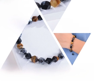 Detail view of triple protection bracelet with tiger eye, obsidian, and hematite beads