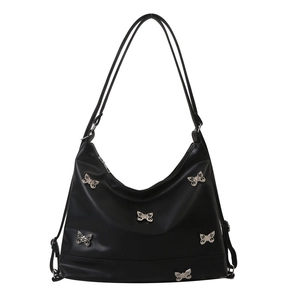 Borsa tote vintage in pelle PU nera con fibbia a farfalla in strass argento lucido