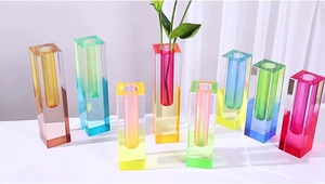 Minimalist gradient acrylic rectangular vases in multiple colors and heights on white