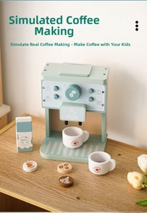 Detail of wooden coffee machine toy set with mini cups and accessories for role playing