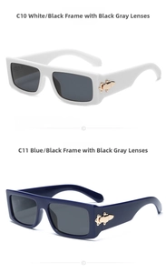 Detail showing white and navy rectangular sunglasses with gold metal temple accents