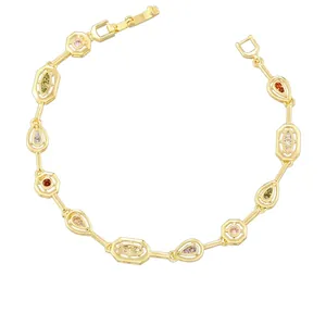 Vintage gold brass bracelet with colorful multi-shape zircon stones for women