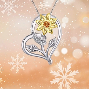 S925 silver sunflower heart pendant necklace with gold accent and orange gemstone