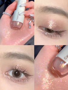 Detalle macro de sombra de ojos líquida con purpurina efecto brillante en párpado y piel