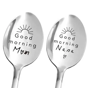 Stainless Steel Spoon Engraved Good Morning Long Handle Coffee Ice Cream Dessert Spoon Mirror Polished Gift For Family