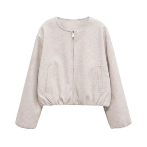 Women's minimalist round neck zip-up jacket in oatmeal fleece with side pockets