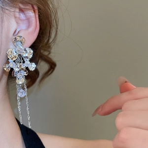Detail of silver drop fringe earrings with sparkling crystals shown on a model