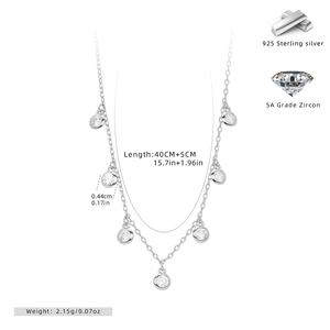 Detail view of S925 sterling silver chain with 40+5cm length and seven 5A cubic zirconia stones
