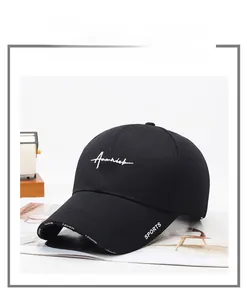 Close-up of black baseball cap with white script embroidery and Sports print on the brim