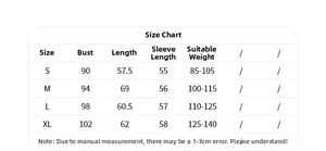 Size chart for women's long sleeve sports top showing bust and length measurements