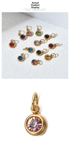 Macro detail of 6mm round birthstone pendants with gold plated stainless steel frames