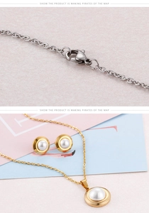 Detail of 18k gold plated stainless steel necklace and round pearl stud earrings set