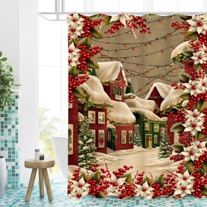 Detail of Christmas shower curtain featuring snowy village print and holly berry borders