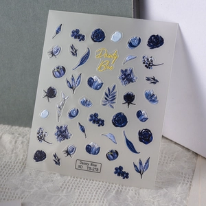 5D embossed nail art stickers with blue roses and floral patterns for DIY manicure