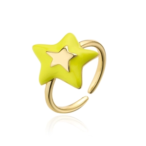 Detail of 18K gold plated open ring with neon green enamel star and irregular design