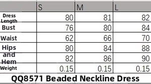 Size chart detail for sequin halter dress including bust, waist and hip measurements