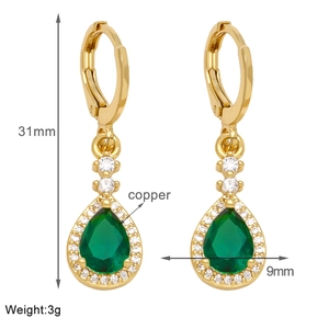 Detailed view of 31mm green pear-cut zircon leverback earrings with copper base