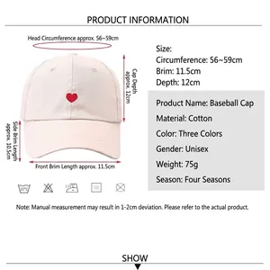 Size guide for a pink cotton baseball cap with embroidered heart and adjustable strap