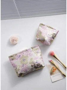 Trousse à Maquillage Jacquard à Fleurs Vintage Grande Capacité Organisateur Cosmétique En Toile Pochette De Voyage Pour Femmes