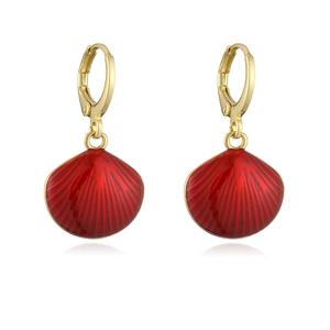 Retro 18K gold plated shell earrings with red enamel drop charms on white background