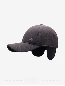 Detailed side view of winter baseball cap with plush lining and ear flaps for men