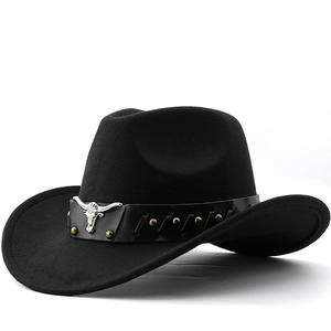 Vintage Western Cowboy Hat Polyester Felt Wide Brim With Bull Head Metal Emblem Rivets Leather Band Unisex Outdoor Style