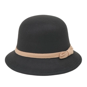 French vintage black wool cloche hat with a light brown decorative bow for women