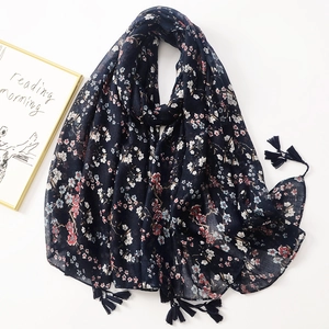 Navy floral cotton linen scarf with elegant pink prints and tassels for women