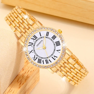 Detail of Geneva gold quartz watch with rhinestone bezel and Roman numeral dial
