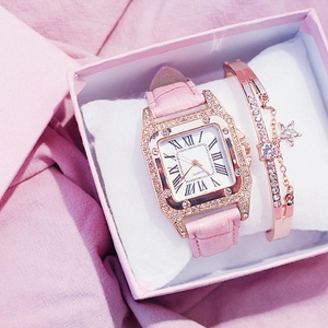 Elegant rose gold square watch with crystal bezel and matching star charm bracelet gift set