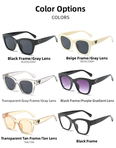 Detailed view of fashionable heart-decorated sunglasses in multiple color options.