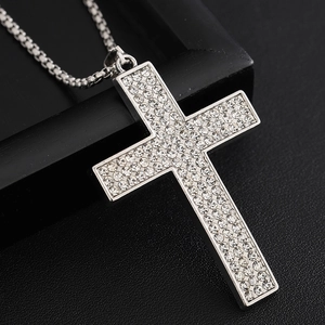 Silver iced out cross necklace in titanium steel with sparkling rhinestones for men