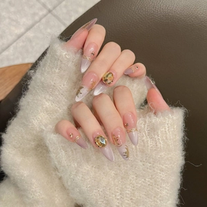 Golden Mirror Flower almond press-on nails with purple cat-eye gradient and 3D amber gems