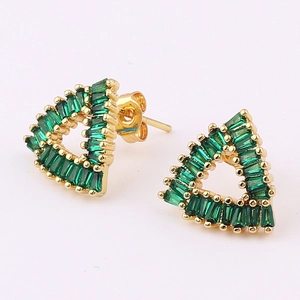 Pair of gold-finished triangle earrings featuring vibrant emerald green gemstones