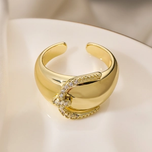 18K gold plated belt buckle ring with geometric cubic zirconia accents for women