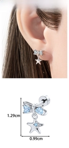 Detailed size view of silver bow starfish earrings with blue heart-shaped zircons