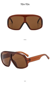 Detailed front and side views of oversized tea-tinted retro sunglasses with seamless frames