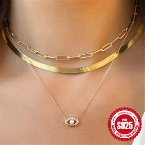 S925 sterling silver triple layered gold necklace set with pearl devil eye pendant