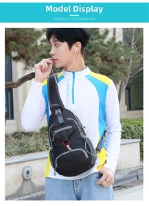 Detail of men's nylon crossbody chest bag with zippers and earphone port for outdoor sports