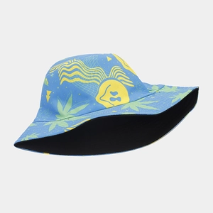 Detailed close-up of a double-sided bucket hat with vibrant sun and leaf print pattern