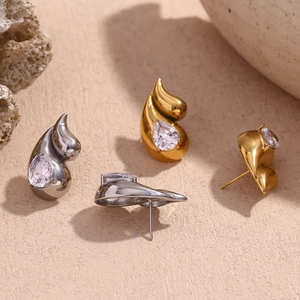 Double teardrop earrings in 18K gold and silver plating with zircon stones